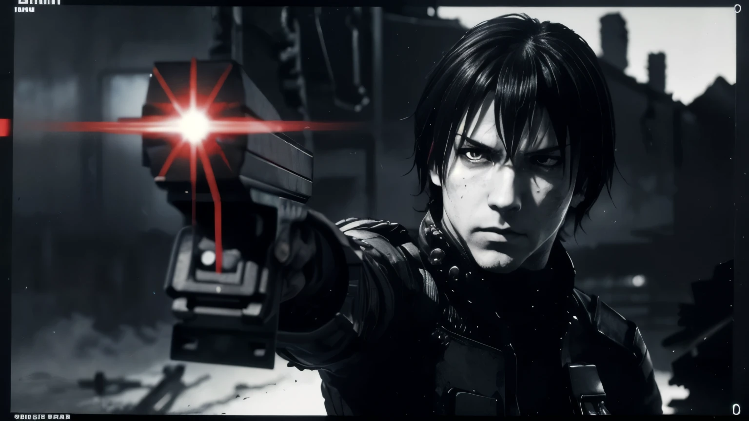 medium shot, 35mm lens,upper body,solo,blame, tsutomu nihei, by tsutomu nihei,movie, killy, cibo, GBE,1boy, killy, ova, short hair, black hair,a lone male cyberpunk warrior, (aiming a high-tech handgun:1.2), he stands amidst the ruins of mechanized structures,wearing modular black tactical armor with segmented plates, utility belts, pouches, and cables, high-detail textures, holding a compact futuristic handgun with red accents, short messy black hair, pale skin, emotionless and stoic expression, manga-style facial features, sharp eyes, realistic anatomical proportions, inspired by Tsutomu Nihei's BLAME!, ultra-detailed illustration, monochrome palette with red highlights, cinematic lighting, high contrast shadows, ink-style rendering