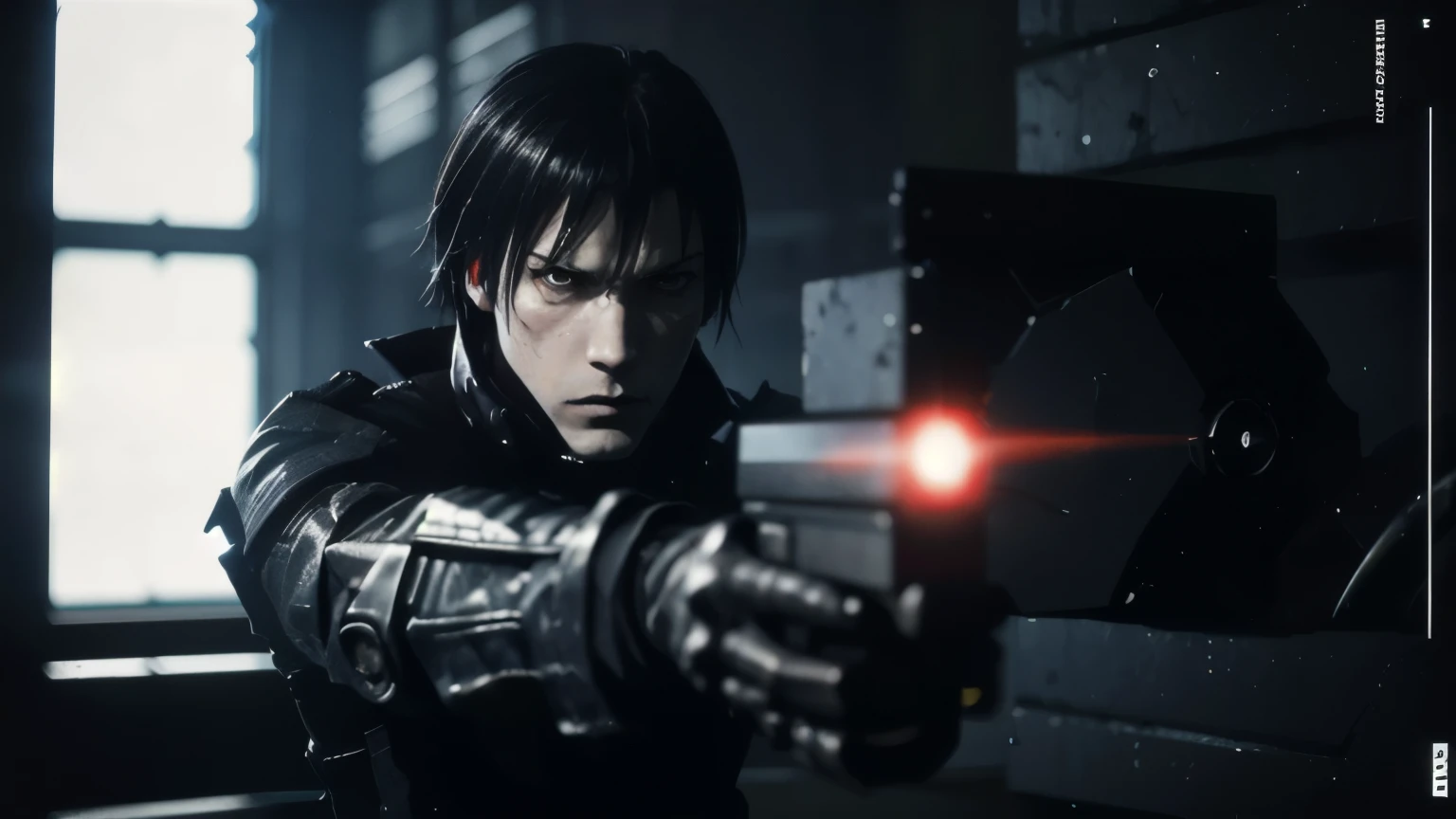 medium shot, 35mm lens,upper body,solo,blame, tsutomu nihei, by tsutomu nihei,movie, killy, cibo, GBE,1boy, killy, ova, short hair, black hair,a lone male cyberpunk warrior, (aiming a high-tech handgun:1.2), he stands amidst the ruins of mechanized structures,wearing modular black tactical armor with segmented plates, utility belts, pouches, and cables, high-detail textures, holding a compact futuristic handgun with red accents, short messy black hair, pale skin, emotionless and stoic expression, manga-style facial features, sharp eyes, realistic anatomical proportions, inspired by Tsutomu Nihei's BLAME!, ultra-detailed illustration, monochrome palette with red highlights, cinematic lighting, high contrast shadows, ink-style rendering