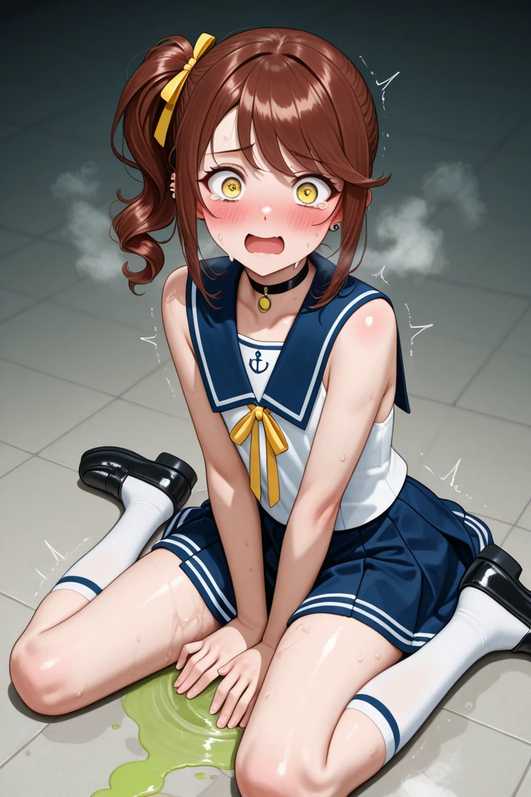 (Photorealistic:1.5), (​masterpiece、Highly detailed 8K CG、Sharp lines:1.4), (deep focus:1.7), Smooth Anime CG Art, Beautiful anime girl, (20year-old beautiful girl:1.5), Detailed skin, (gleaming skin:1.7), short-hair, (Beautiful black hair:1.2), brown Eye, (many streaming sweat:1.0), (slim:1.4), (full body:1.5), (student clothes:1.5), solo, (one girl:1.4), (Inside the classroom:1.4), (blush:1.5), (anguish:1.4), (open mouth:1.4), (Lots of clear drool overflows from her mouth and drips from her chin.:1.2), (half closed eyes:1.0), (crying:1.4), (short sleeve:1.2), (a sailor suit:1.6), (looking away:1.3), (flat chest:1.4), (Dark blue pleated skirt:1.7), (from side:1.1), (all fours:1.8), (many Tentacles clinging to her:1.5), (White socks:1.4), (brown loafers:1.3)
