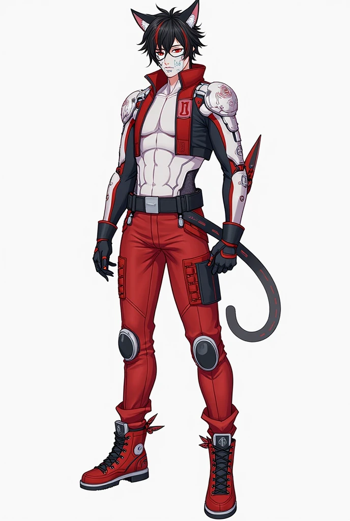 Character sheet, "front, side and back poses", full body, man with skull head "death", black hood with red stripes, black leather jacket, liced ​​pants, white boots, gray knee pads with pimples, eyes deep and red, athletic "muscular" body, gloves, oz
