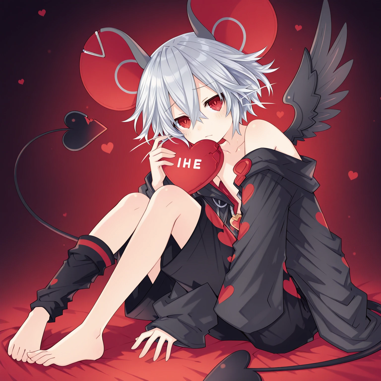 Masterpiece quality, highest definition, detailed texture, 12K, solo, humanoid, wings, floating, red gold scarf, webbed and paws, sitting, full body, short hair, Once the brave was corrupted into a demon king, separated from the duty of the brave, the naughty side was shown, now in the garden, it is a vampire with a pair of sharp fangs, a slender and slender tail covered with crystal scales, a cute mermaid boy cub with a sharp blade dripping with venom on the tip, with a large number of broken crystal scales, cute face, fine eyes, Broken golden pupils, finely scaled tail, slender crystal dragon horns and moonlight with flowers, glowing tattoos and scales: 1.5, golden-black sweatshirt and black-red shorts, two pairs of purple-red dragon wings, aquatic features of fins, fin ears and shark features, full body fine scales, fangs, (scales, tattoos), (hair is reddish and black), (crystal scales and dark scales), more glowing tattoos and scales.
