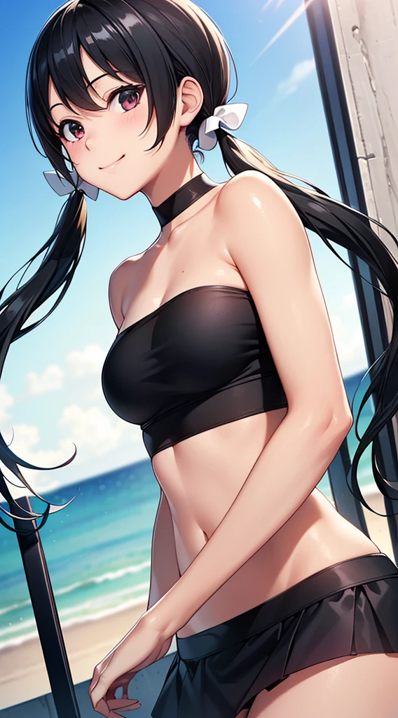 highest quality、realistic、Japanese、girl、cowboy shot、look up、cute、Green eyes、long hair、black hair、all back、Forehead is coming out、Ocean、swimsuit、joy、sunburn、Midsummer、Sweat、slender、small 、stretch、raise your arms、armpit hair