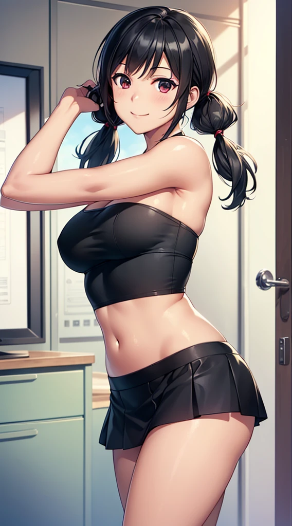 (masterpiece), anime, Best quality, good anatomy, one girl, Hinata Hyuga, (full height), white eyes, Big breasts, realistic face, gloomy face, Looking down, dark hair, short haircut, navel ,bare shoulders, tight black top, decollete, black pencil skirt, tall legs, beautiful legs, office, Reflectors, 8K masterpiece, super detail, film movie, best quality, best ditails, detailed face, detailed eyes, camera from bellow