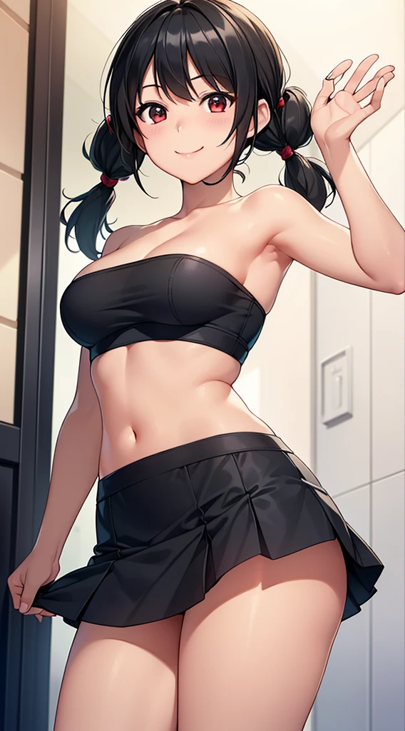 ((masterpiece, highest quality, High resolution, Hmm, Pixel perfect, Depth of written boundary, 4k, RTX, HDR))), 1 Girl, single, alone, Beautiful Anime Girls, Beautiful art style, Sunburned skin, anime character,,(Black hair,Under twin tail:1.5), (Black Eye:1.4, Round eyes, Beautiful eyelashes, Realistic eyes), (Detailed face, Blushing:1.2), (Smooth texture:0.75, Realistic texture:0.65, Realistic:1.1, Anime CG Style), Medium breast, (Dynamic Angle, Dynamic pose:1.4, Watching the audience), Perfect body ,(Black Tube Top), mini skirt, smile, Sunburned skin,