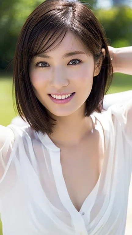 Highest resolution, 4K, Masterpiece: 1.3), A Japanese milf, photo of one lady, Sexy: 1.1, fine eyes, Slender figure, Realistic teeth, smile, double eyelids, full body, best quality, detailed, beauty, hug a small dog