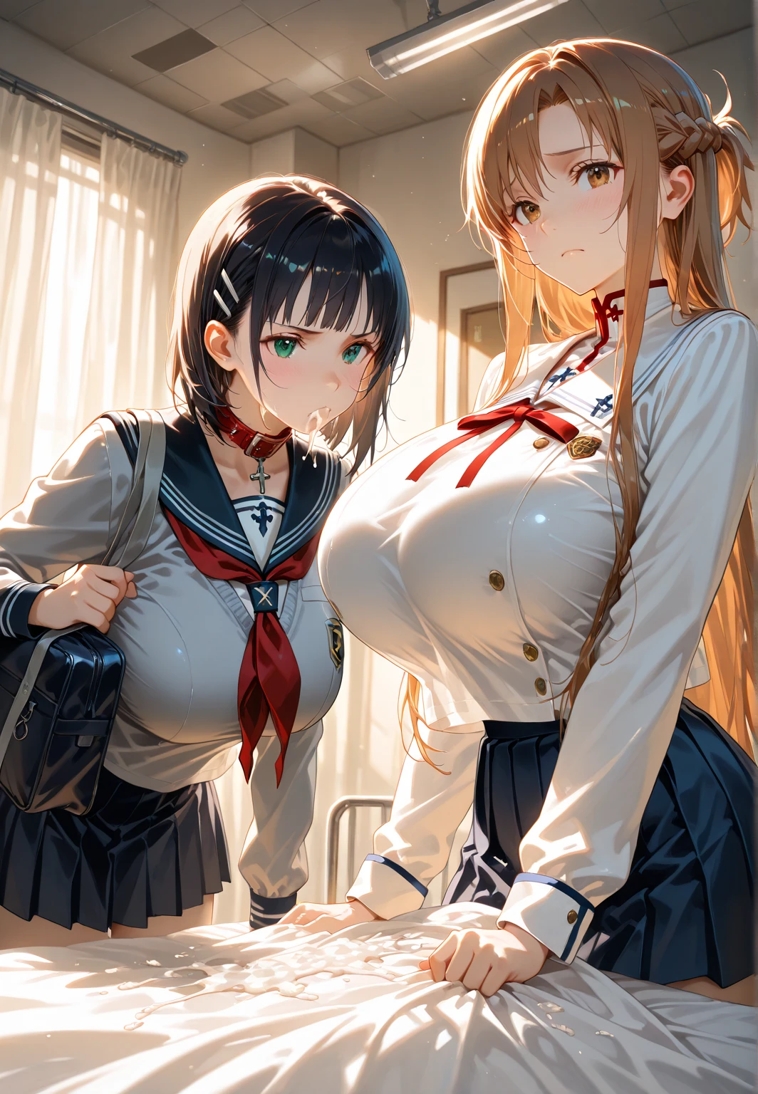 2lady(different hair style and clothes color), ((ultra-quality)), (Bukkake:1.5), (side view), (profile), (from back), (side boob), (side colossal tit:1.5), (nude upper body), (in 8K), (arms behind back:1.5), (arms are down), ultla highres, Hyper Detailed, High contrast, Ultrafine Strike, creative refinement, absurdres, Realistic, extremely detailed CG unified 8k wallpaper, Highly detailed, High-definition raw color photos, professional photography, Realistic portrait, Cinematic Light, Beautiful detailed, 28 years old woman, (realistic skin:1.3), (shiny skin), (Best Quality:1.4), Super Detail, High quality, master piece, lifelike, (After SEX), Bukkake, Perfect face, (cum on chest:1.5), (Bukkake:1.3), (cum on clothes:1.3), (Sharp Focus), (upper body), (close up), Delicate Beautiful Hair and Eyes and Face, Delicate eyes, radiant eyes, Lifelike, Hyper-detailing, (Wearing a dark sailor uniform), (school costume), (dark sailor collar), (black japanese school shirt), (exposed), (pleated skirt), (large areola), (colossal tits:1.8), (big breasts:1.5), (Beautiful breasts:1.5), (exposed breasts), (puffy nipples:1.3), (sexy nipples:1.3), (arms behind back:1.3), Beautiful cute woman, camel-toe details, (NSFW), wet clothes, pale black eyes, (bob cut), (ponytail), (asymmetrical bangs),