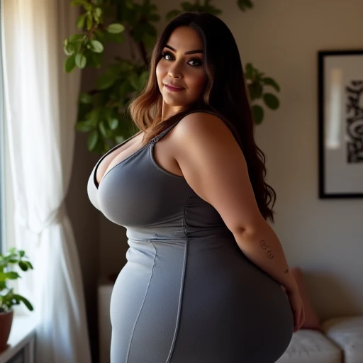 American beautiful woman Natalia Lozano sexy curvy plus size body beautiful woman wearing sleep dress posing for a picture in beautiful glass room, camera front facing, smilling face, golden hair, head to toe view, full body shot, hourglass body shape, curvy plus size body, bigger waist, busty, big hips, fleshy thighs, thick thighs, busty, full body view, head to to view, full body shot, beautiful curves, curvy model, attractive curves, attractive feminine curves, gorgeous woman, glass room background,