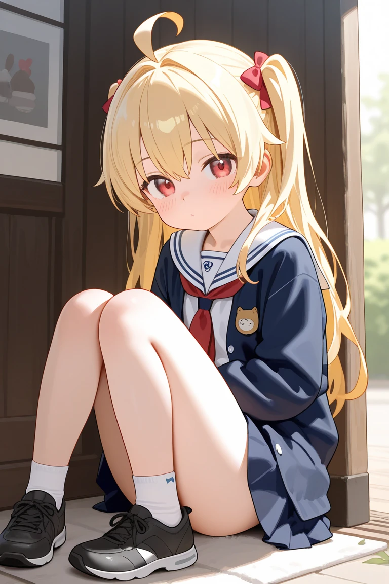 score_9, score_8_up, score_7_up, source_アニメ, masterpiece, 1girl, (work), blue dress, white sailor collar, red bowtie, white long sleeves, full body, looking at viewer, indoors, open mouth, White knee-highs、Water Play, Primary school students、Skirt fully open、Long wide skirt、cute、(White underwear)、blush、Watery eye、Lots of water、Wet、(The skirt spreads over the water surface.)、(Drowning)、Underwater Shot Of The Swimming pool