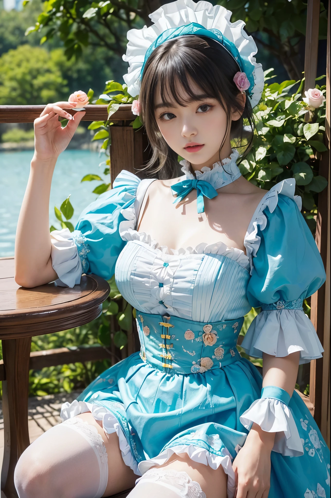 (nsfw), sexy stylish Swedish model, only 1 female, ((doll-like appearance)), short Auburn stylish hair, ((shiny Victorian-Style boots)), (big smile), ultra detailed eyes, vivid eye makeup, lipgloss, long lashes, defined eyebrows, ((sexy Paradise Kiss cosplay)), bell-shaped skirt, petticoats, high neckline, puffed sleeves, ((ultra detailed lace)), ((ultra detailed embroidery)), intricate details, Paradise Kiss accessoires and matching headpiece, choker, ((large sparkling Paradise Kiss jewelry)), cinematic light, detailed large park background with trees