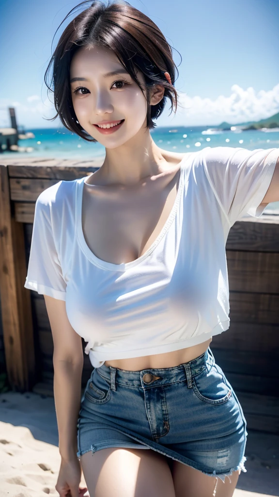 Highest quality, masterpiece, Ultra-high resolution, (Realistic:1.4), Voluptuous,Beautiful woman,(Shortcuts) (Outdoor pool area)Beautiful Skin, Fine skin, 魅惑的なsmile, Bokeh, smile, Shortcutsヘア, White Skinny T-Shirt,denim