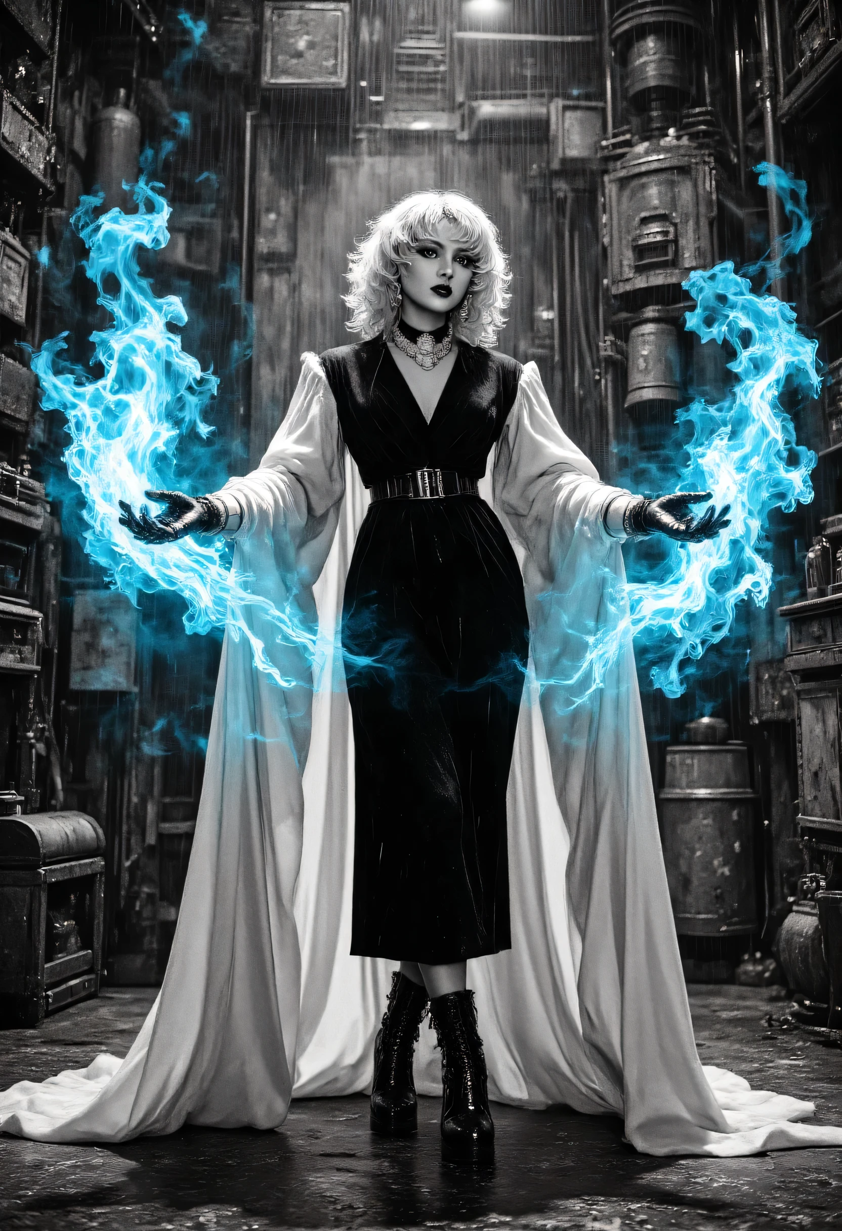 a black and white 1940s snapshot picture of a mecha woman wizard, standing proudly, manipulating magical blue fire, ((only the fire is blue)) extremely beautiful woman (best Detailed, Masterpiece, Hyperrealistic) blond hair, rich hair, wavy hair, dynamic eyes color, wearing black and white dress, wearing (white cloak), wearing (pantyhose), wearing high heeled boots, laces boots, make up, steampunk laboratory background fantasy art, steampunk art, RPG art, photograph, RAW, Best Detailed,, ultra best realistic, best details, best quality, 16k, [ultra detailed], masterpiece, best quality, (extremely detailed), ultra wide shot, photorealism, depth of field, hyper realistic painting photorealistic, RAW, fantasy art, realistic art,((best quality)), ((masterpiece)), (detailed), perfect face, fantasy, Irelia