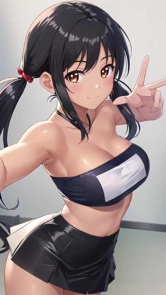 hokko tarumae \(umamusume\), masterpiece, best quality, ultra-detailed face, muscle, abs, front, upper body, plain bikini, horse tail, on stage, light smile, large tits, abdominal