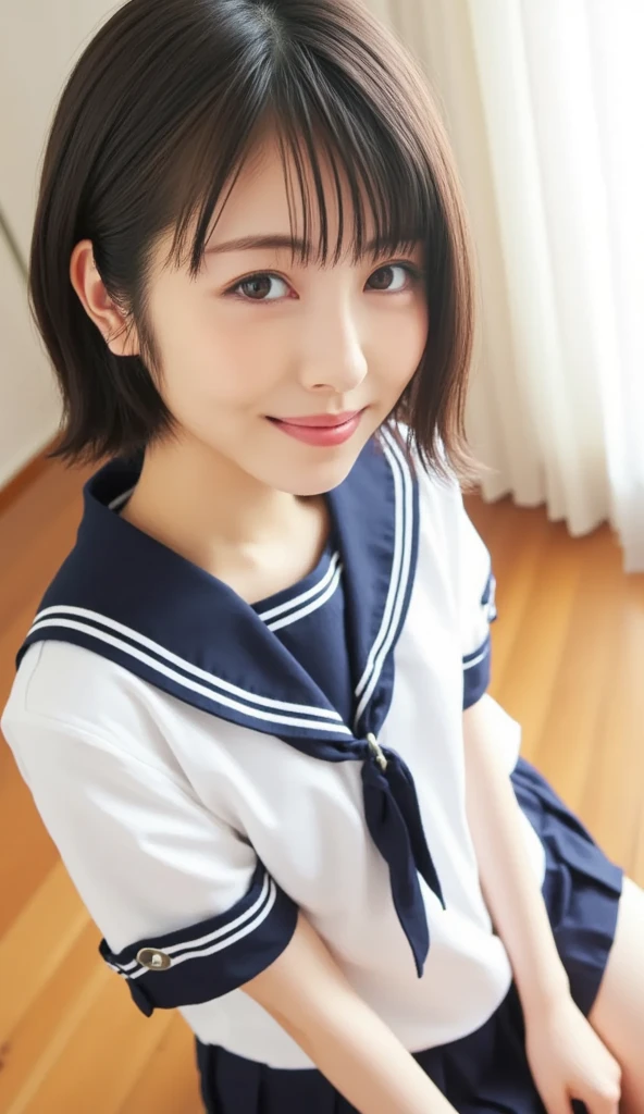 masutepiece, Best Quality, 8K, 10yaers old, Teen, Raw photo, absurderes, award winning portrait, Smile, Solo, Idol face, Delicate girl, Upper body, Digital SLR, Looking at Viewer, Candid, Sophisticated, Thin arms, Professional Lighting, Film grain, chromatic abberation, (Eyes and faces with detailed:1.0), (Bokeh:1.1) , big-breasted , Distant perspective , bed , laying on back , Perspective from above , closes mouth , Sailor Uniform , A dark-haired , dishevled hair