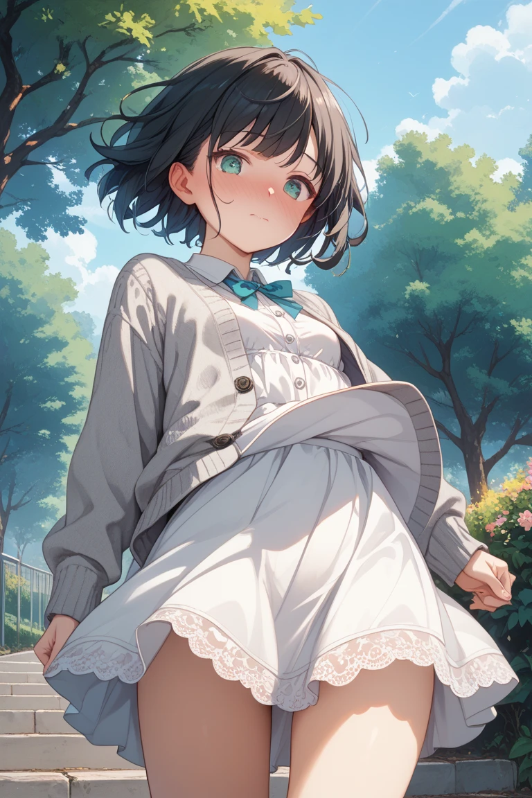 8K,masterpiece,Japanese,9-year-old girl,from the front,Innocent face,Calm Eyes,Childish,T-Shirts,Short sleeve,Short skirt,semi-long,noon,bright,Cherry tree