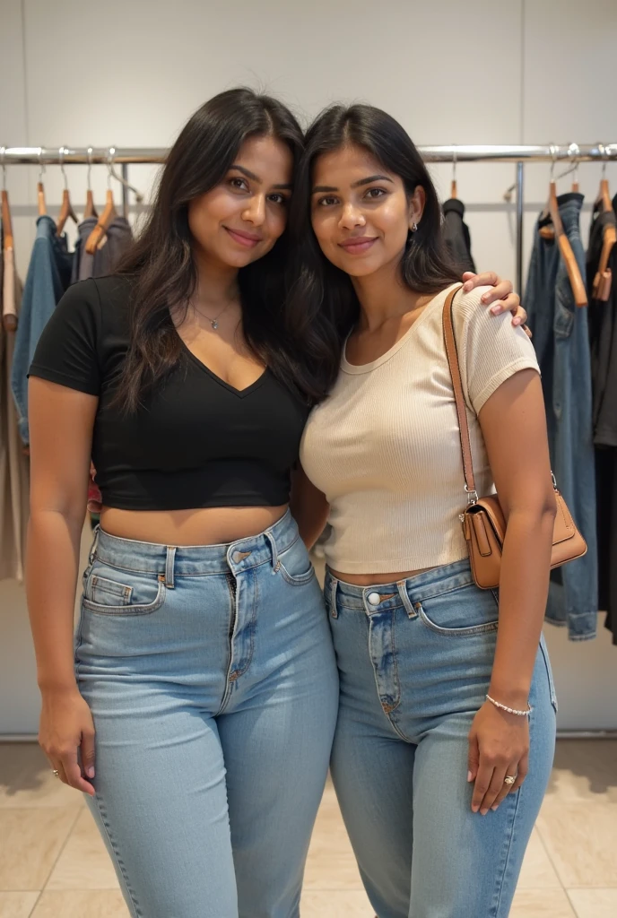 Indian solo girl, attractive happy face, wearing shirt jeans, shopping in the mall,