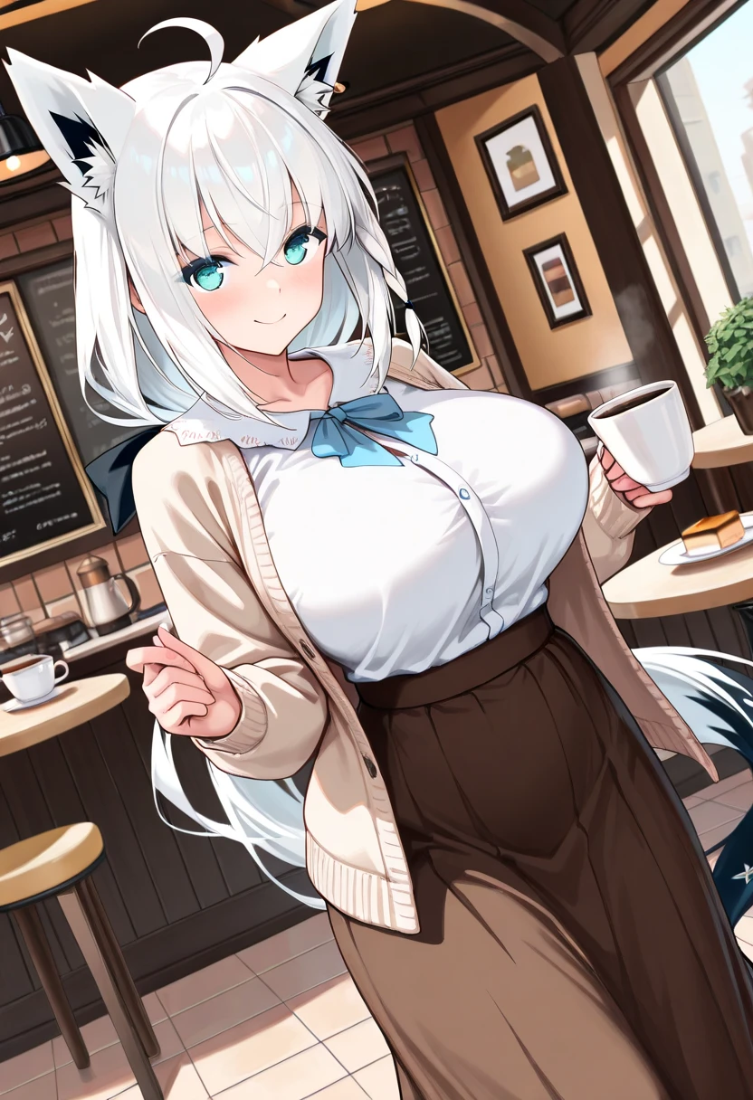 best quality, best resolution, solo, (fluffy anthro furry), arctic fox adult, 30 years old, grown, silver hair, long straight hair, blue eyes, (white fur), big breast, sophisticated manner, (wearing nothing but a green apron, nametag, hair tied in ponytail), coffee shop, embarrassed, suggestive eyes, nsfw