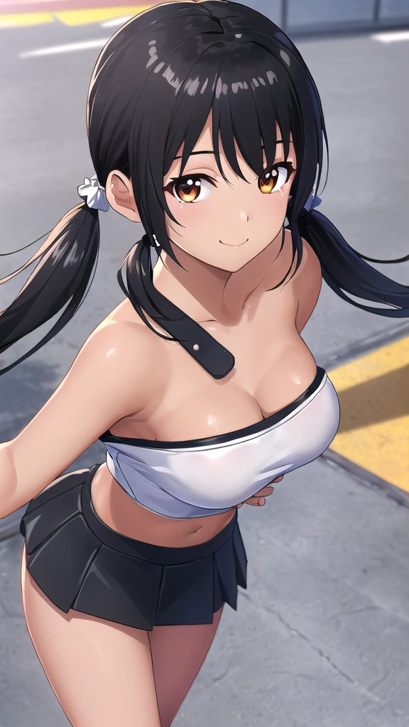 masterpiece, best quality, jabami yumeko, wearing white tanktop shirt, croptop, red pants, looking at viewer, large breasts, upper body, portrait, looking at viewer, seductive smile, both hands raised, armpits, armpits visible, sweaty armpits, from above