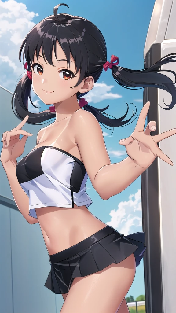 ((masterpiece, highest quality, High resolution, Hmm, Pixel perfect, Depth of written boundary, 4k, RTX, HDR))), 1 Girl, single, alone, Beautiful Anime Girls, Beautiful art style, Sunburned skin, anime character,,(Black hair,,Low twin tails:1.5), (Smooth texture:0.75, Realistic texture:0.65, Realistic:1.1, Anime CG Style), Medium breast, (Dynamic Angle, Dynamic pose:1.4, Watching the audience), Perfect body ,(Black Tube Top), mini skirt, smile, Sunburned skin, High school girls