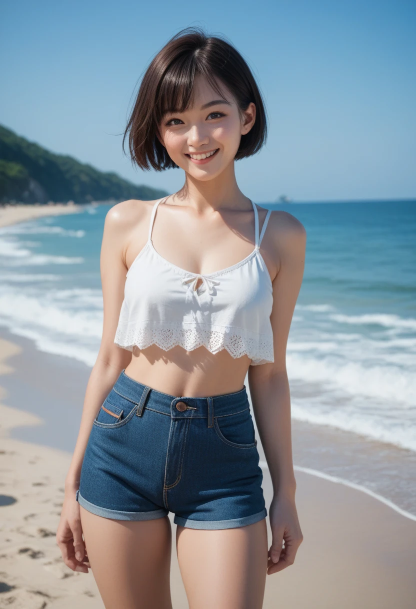 (Hyper Reality: 1.35), (Realistic: 1.4), Beautiful Japanese Women, smile, alone. masterpiece, ((Perfect mango-shaped curvy body)), slim body, ((large hip)), (((Thick thighs))), 最high quality, high quality, alone, very good, Latin, puberty, Only one girl, Well trained, muscular, (((Slim figure)), ((The body is slim)), small nipples, Large Breasts, ((最high quality)),((Hello)),((Very delicate and beautiful)),((Very shallow depth of field)), Hmph,((Incredibly shallow depth of field)). family friendly)), (((Very delicate and beautiful)), (((Very shallow depth of field))), Hmph, (((Unbelievably absurd))), (((Black Hair )), (((Shortcuts))), (((Bob Hair))), ((( Camera Eye)))), (((small ))), (((smile))), poor, my + background, Dynamic Angle, Focus on women, {Particles of light}, Detailed background, Soft lighting, (dramatic) sunset), sunset, very beautiful sunset, Live Action, Realistic, (blurred background), ((13 years old)),, (((wind:1.5))), ((Movement)), ((emotion)), ((colorful)), ((Baby Face)), ((Beautiful Teeth)), Wither, sea background, nsfw,No makeup, whole body,  (((Underbust))), (((Side bust))) , Very white skin, (((Tight fit))),(((See through))), Very small and short T-shirt
