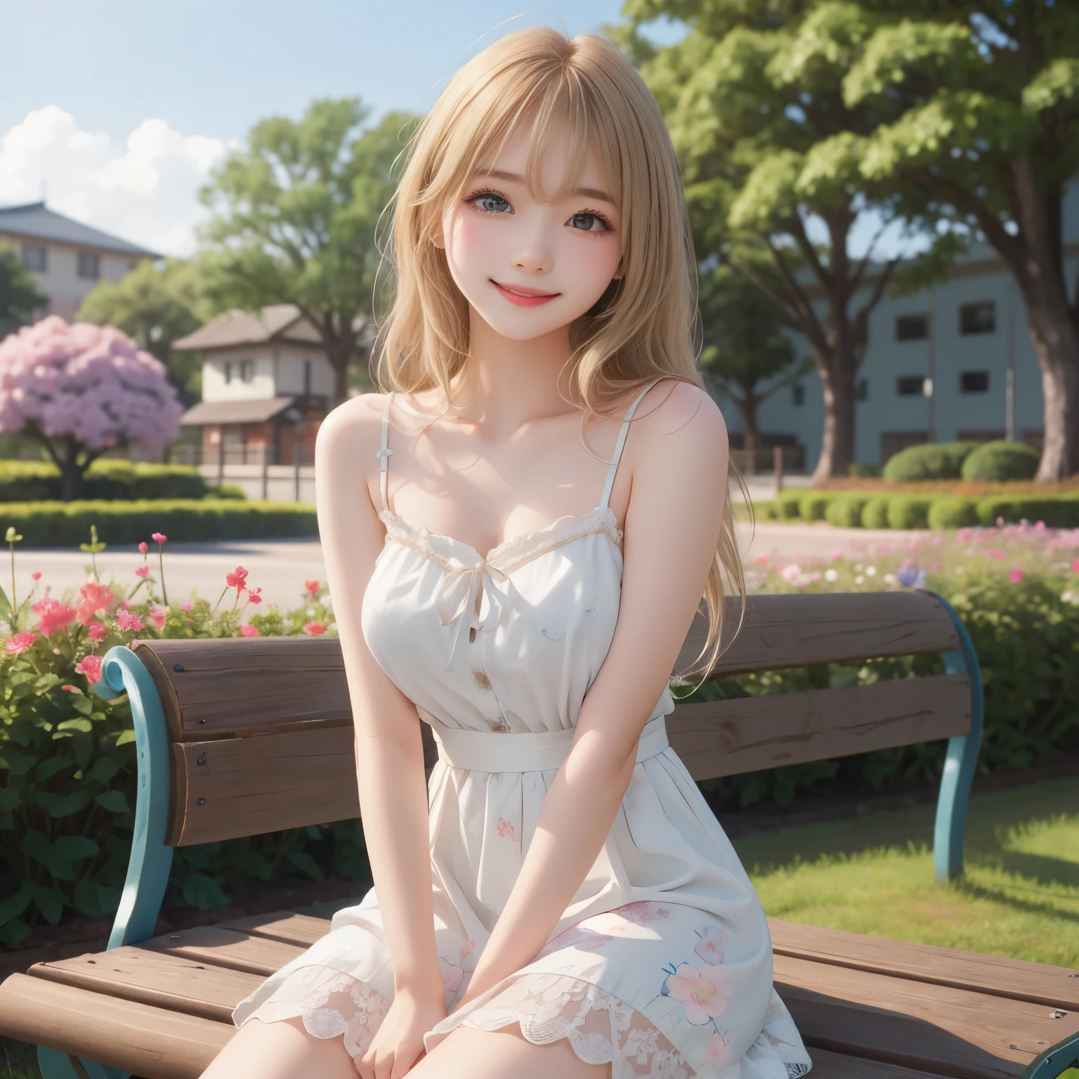 (masterpiece,best quality: 1.4),(8k,raw photo,photo realistic:1.2),shiny skin, detailed skin,detailed face,detailed eyes,Japanese idol,beautiful face,dsy,Flower garden, blue sky, countryside, one beautiful girl, very pretty, petite, (large breasts), elementary school student, (white floral camisole dress:1.2) ,blond hair, long hair, (cute pose),(smile:1.1), sit on a bench,(The wind is blowing her hair:1.2).