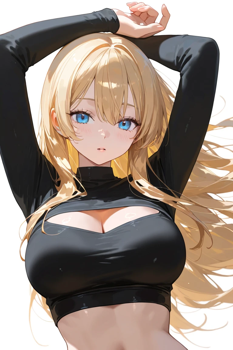 (best quality:1.5, highres, UHD, 4K, detailed lighting, shaders), white wavy hair, gradient hair, large breasts, black shirt, skirt jeans, mature woman , black Witcher hat, (pov), white background, colorful red eyeshadow, dramatic lighting, smile eyepression, golden earrings, flowing hair, delicate facial features, soft skin, high cheekbones, white background, stand up, lean forward, full body