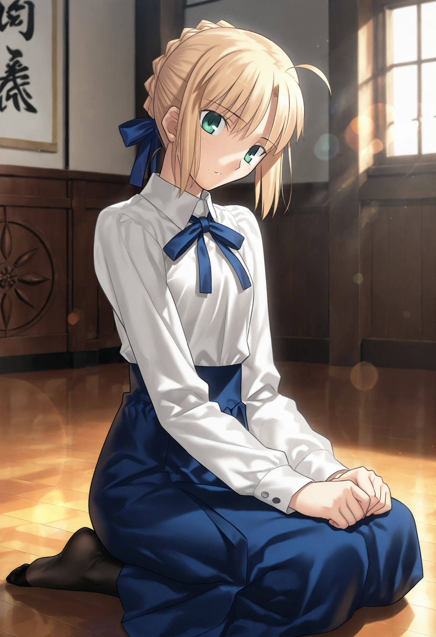 masterpiece, , absurdres, highres, detailed background, high resolution, masterpiece, necessary, detail, best quality, quality, necessary, details, High details, Precise, dark, indoors, ((dojo)),Hanging Scroll, day lens flare, blurry background, from side,((head tilt)), ,
1girl, Takeuchi Takashi (type-moon,tsukihime) style, takeuchi takashi style, (aged up),(look stupefied), sitting, seiza, on flooring, ,
girl, (mature, slender body, slim arms, slim bod),artoria pendragon (fate), saber (fate), blonde hair, green eyes, ahoge, hair ribbon, blue ribbon, french braid, braided bun, single hair bun, short hair, sidelocks, neck ribbon, blue ribbon, white shirt, collared shirt, long sleeves, blue skirt, high-waist skirt, long skirt, long legs, black pantyhose, small breasts, (very long legs), looking at viewer,