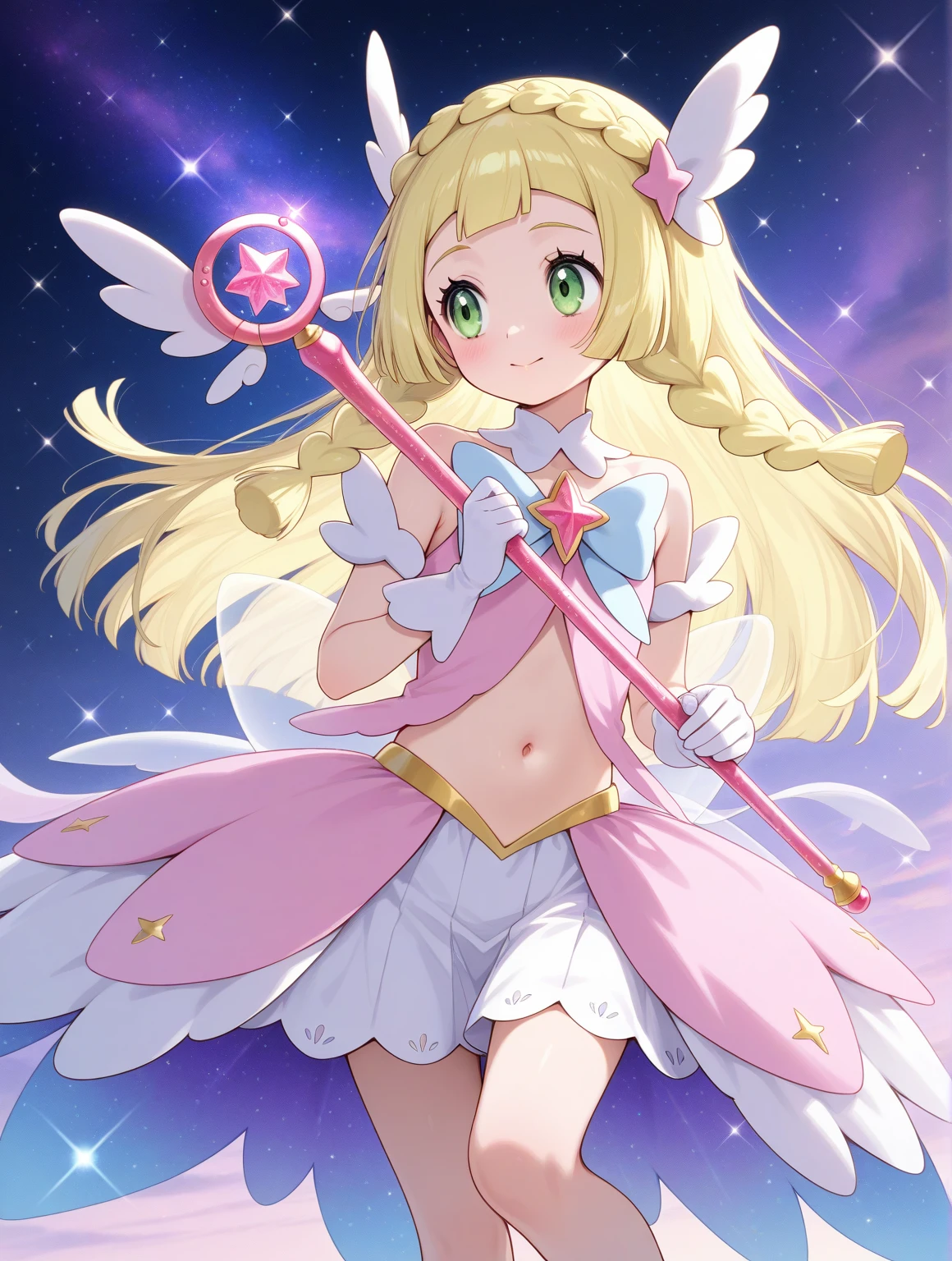 One girl, Magical girl,Suspected habitat, Great quality, alone, Long Hair, Winged Bangs, Provocative, Space Background, Beautiful colors, (Great quality:1.5), masterpiece,Belly button exposed,Lift one leg,Spread one leg,barefoot,Sailor Moon,Magical girlマギ・マドケス,Card Captor Sakura,dynamic pose,leg up,midriff peek,