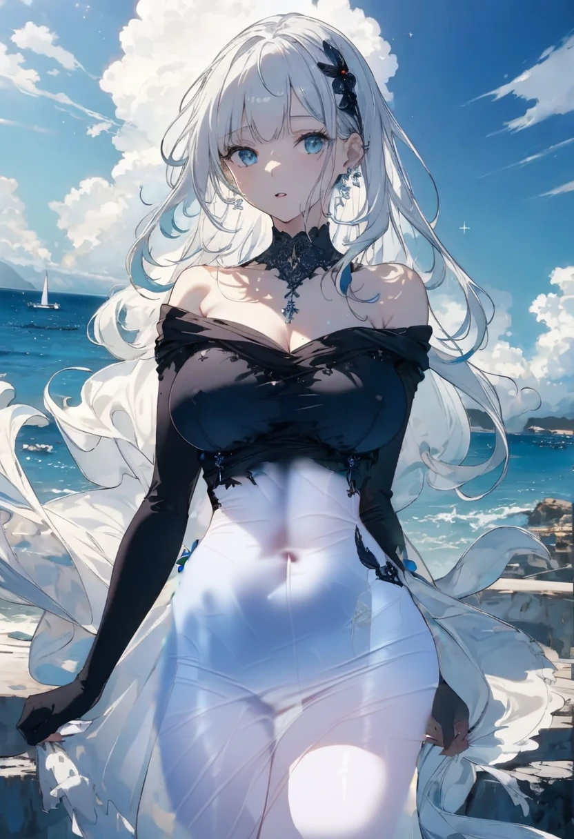 (seaside photo:1.1, in blue marine:1.5), Masterpiece, best quality, (very detailed CG unity 8k wallpaper), (best quality), High definition RAW color art, Animation,sculptures, (black Marble Skin), (((Ultra detailed elegant))), Magical atmosphere, Detailed skin, Texture,(Intricately detailed, Fine detail, ultra-detail art), depth of fields, bokeh, Silky Touch, Hyper Detail, beautiful eyes, Elegant Face, (standing, view from below), sparkle background, enormous breast:1.3, (silver hair), pure white, muscle, embarrassing red face, wide open udder, shorthair, t-shirt