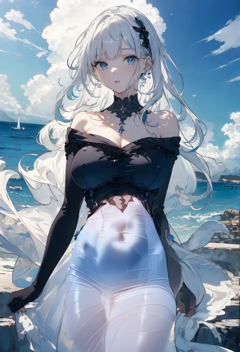 (Close-up:1.4)、(RAW photo:1.2)、(photorealistic:1.4)、(masterpiece:1.3)、(最high quality:1.4)、(Beautiful woman with perfect body:1.4)、solo、7 head and body、(cute face)、(cute:1.2)、(full body shot)、(big breasts:1.3)、(beautiful detailed eyes)、(charming big eyes)、(beautiful double eyelids)、(beautiful and detailed face)、(fantasy、Magic Effects、summoner:1.3)、(Half-Elf:1.2)、(silver hair:1.2)、gorgeous dress、trong wind、See-through、Wet、dark hair、slender、small butt、beautiful feet、skinny legs、Surrealism、cinematic lighting、Depth of bounds written、first person perspective、ticker、muste piece、curate、(perfect anatomy:1.2)、textured skin、super detail、high details、high quality、best quality、High resolution、8K、illumination、