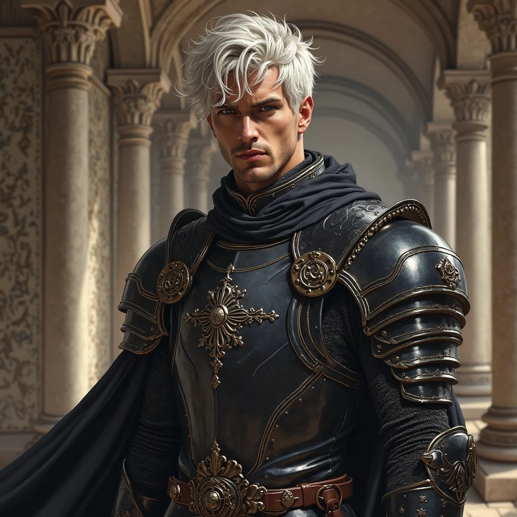 Rodrik Cassel is a stout knight with soft flesh under his chin. He has white hair and clean-shaven except for large white sideburns. He is 60 years. He is plainly dressed, weathered and scarred leather armor and a cheap hooded dark cloak