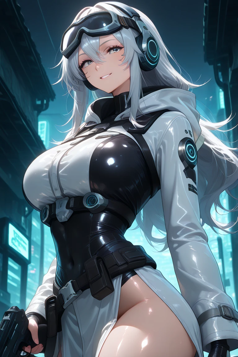 （（（highest quality、first-clasasterpiece、Normal body、8k、Detailed face、Ultra-precision、Normal hand、Normal finger、５Finger、）））Brightly colored hair、Silver Hair、Tight pilot suit、Thin pilot suit、See-through pilot suit、Change of clothes、Starts taking off pilot suit、Unzip the front of the pilot suit、Put your hand on the zipper、Showing off、White pants、White bra、Change of clothesを見せつける、Showing off her bra、Postures that emphasize the chest