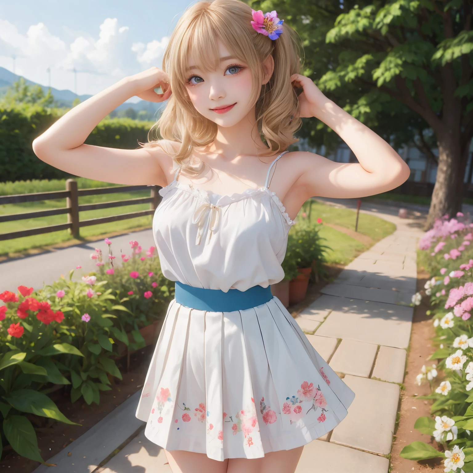 (masterpiece,best quality: 1.4),(8k,raw photo,photo realistic:1.2),shiny skin, detailed skin,detailed face,detailed eyes,Japanese idol,beautiful face. Flower garden, blue sky, countryside, one beautiful girl, very pretty, petite, (large breasts), elementary school student, (white floral camisole dress:1.2) ,blond hair, twin tails, (smile:1.1), cute pose,(The wind is blowing her hair and skirt:1.2).