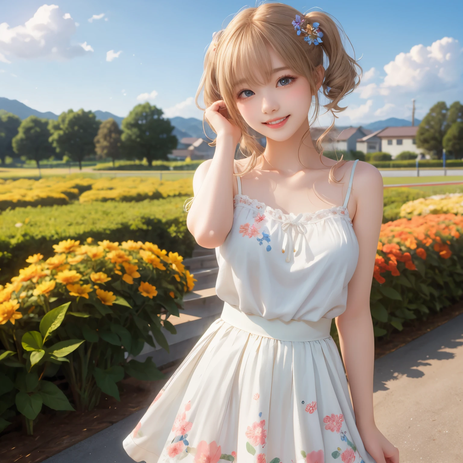(masterpiece,best quality: 1.4),(8k,raw photo,photo realistic:1.2),shiny skin, detailed skin,detailed face,detailed eyes,Japanese idol,beautiful face. Flower garden, blue sky, countryside, one beautiful girl, very pretty, petite, (large breasts), elementary school student, (white floral camisole dress:1.2) ,blond hair, twin tails, (smile:1.1), cute pose,(The wind is blowing her hair and skirt:1.2).
