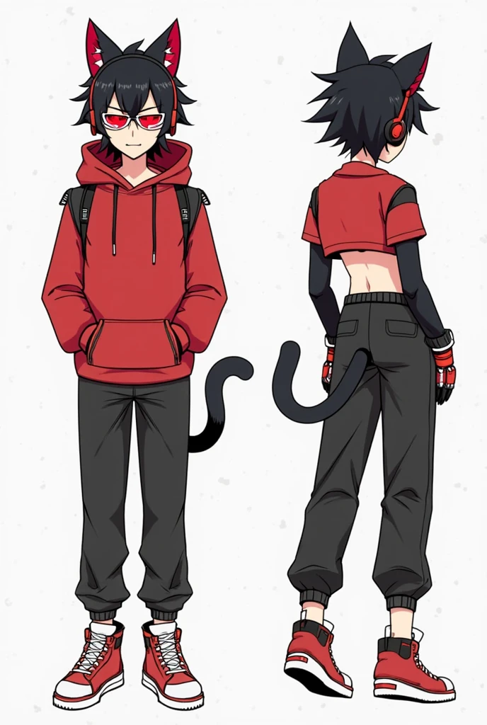 one boy, toned, flexing, sharp big cat ears, cat tail, big black messy hair, extremely vibrant red eyes, masterpiece, vibrant, micro thong , slim dark black hoodie, full body view, neutral face, black thigh socks, combat boots.