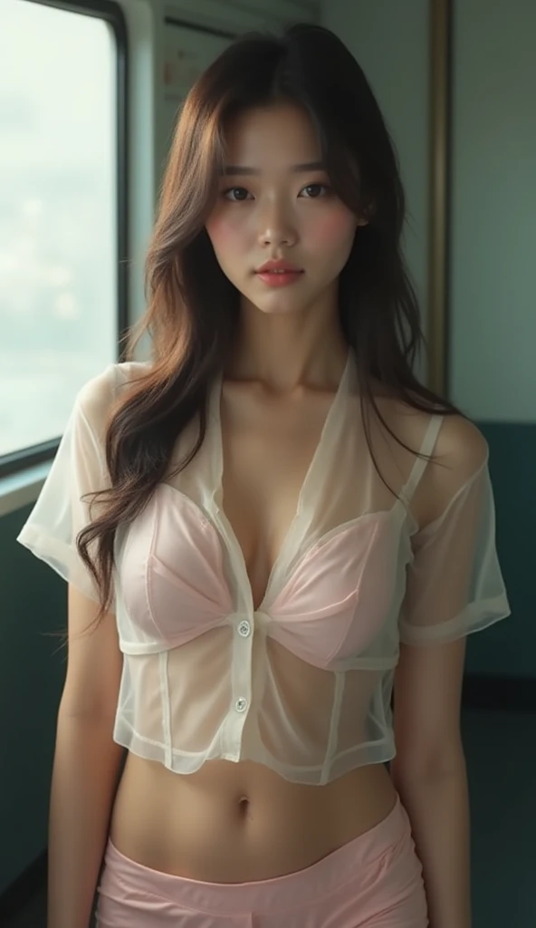 A young girl in a transparent pink robe, pink bra and panties under her robe , wet body, small breasts, detailed face, beautiful eyes, long eyelashes, detailed lips, intricate hair, cinematic lighting, high quality, 8k, photorealistic, masterpiece, delicate, whimsical, dreamlike, glowing skin, soft lighting