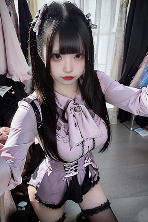 Korean High School Girl,Sitting on a train chair,(((tmasterpiece))), ((best qualtiy)), ((intricate detailes)), ((Ultra-realistic realism)), Ridiculous resolution, A MILF, Mature Woman, ighly detailed, illustratio, 1girll,((Large breasts)), perfect hand, Detailed finger, Beautiful detailed eyes, Lowered twin tails, colored inner hair, very long black hair, very bright pink hair, with brown eye, Name badge, ( Korean style long sleeve dark pink ruffled lace up pleated skirt, Black knee-high socks:2.2),detailedbackground, perfect eyes, mesmerizing eyes,Slightly open mouth, ((Colossal breasts 1 girl that seems to break:1.2))