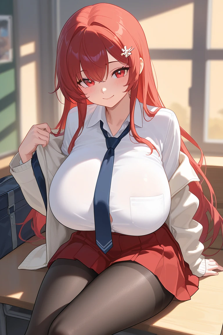 (masterpiece), best quality, Detailed, Ultra-Detailed, Digital Art, Detailed Face, 16K, 8K, 4K, HD, (Hyper-Detailed Eyes:1.2), (Absurdres:1.3), (Realism:1.25), (Realisitc:1.2); [expressive eyes, /(Kuudere face)/, perfect face, gyaru, massive breasts, very curvy, red hair, blue eyes, full lips, warm smiling], at home; /((clothes details))/, ((white) sweater: 1.3), (black cardigan: 1.3), (casual red skirt: 1.2), at home, massive breasts, wide hips, /(shiny skin)/, 1 female, sitting down, sexy, facing the viewer, //((Kuudere: 1.4))//