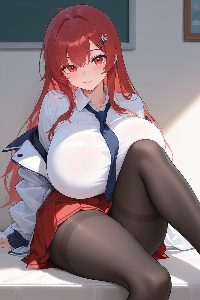 A stunning red-haired gigantic super double big breast woman nice ass with long straight hair framing her face, dons a Christian university school outfit featuring a sexy lingerie of school uniforme. pantyhoose., bold red makeup, and crimson lipstick adorn her perfect face, marked by a small mole on the left side of her mouth. Her expression is one of shame, yet her hornyness shines through. Her physique is flawless,big breasted, boasting a rounded chest, curvy derrière, and muscular thighs. The scene is meticulously detailed, set against a raw, high-resolution 8K backdrop with perfect lighting.