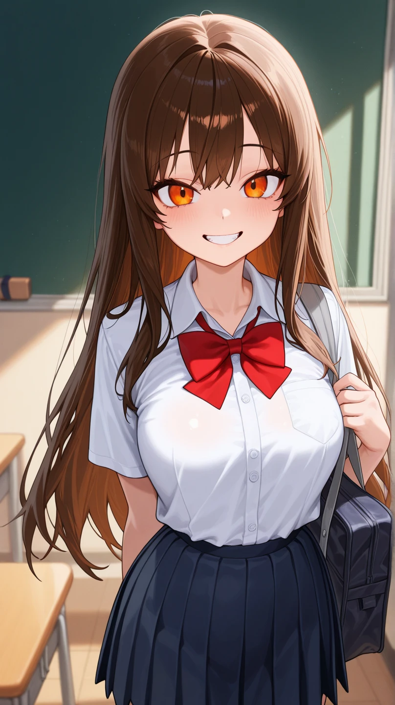 ((8Kmasterpiece,best quality)), ultra high resolution, (masterpiece: 1.4), Ultra-detailed, (((1 girl))),Lovely,perfect anatomy, pretty face, beautiful and delicate eyes,((Red eyes)),big eyes,shining eyes,Eyelashes are thin and long,detail light,((brown hair)),((long hair)), ((Double tail)),ahog,big breasts,((very thick thighs)),,hairpin,red hair ribbon,Plaid Lightning Skirt,White knee socks,light pink, panty pose, panty shot, ,(Grinning),((blush)),((please open your mouth)),(classroom),((from the perspective below)),looking at the audience,night,beautiful sunshine,beautiful scenery, rainbow in the sky, light particles, Sunlight,A gust of wind,Sense of speed,Dutch Cape,written border depth