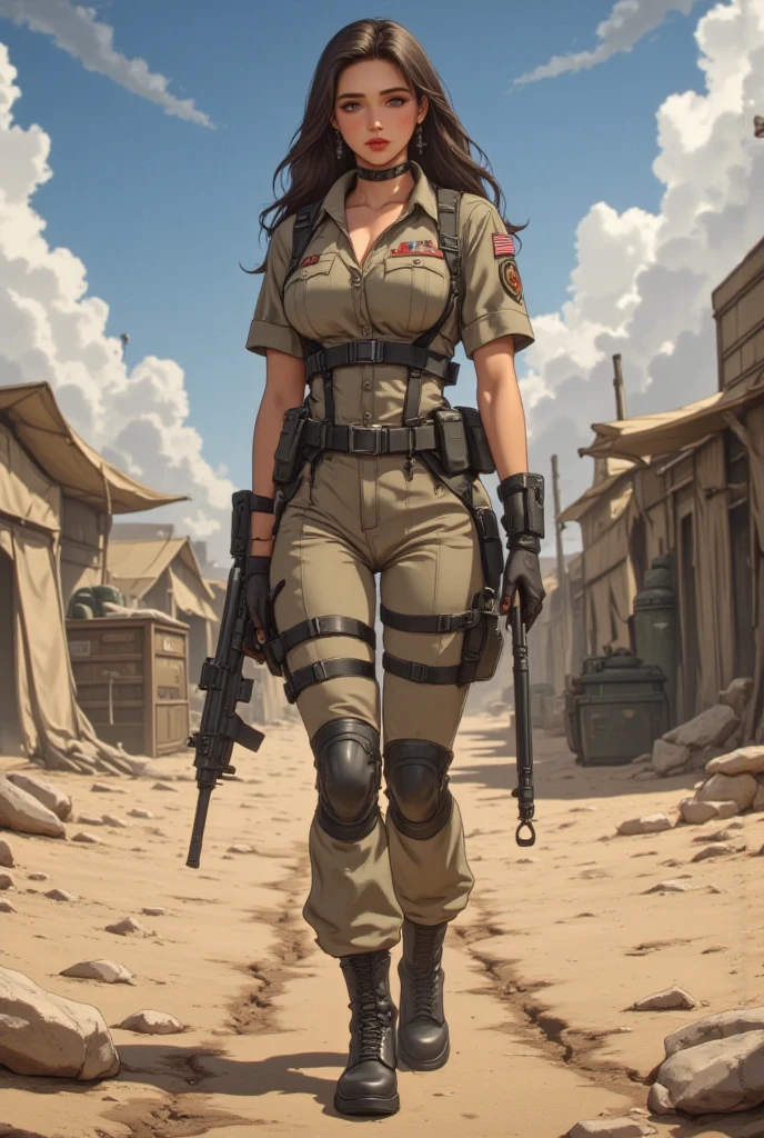 From the Movie planet of the Apes the gorillas are dressed in millitary gear and are running after the beauiful slave girl Nova , Nova has torn brown short dressed torn blouse, long dark hair, she looks spanish with light green eyes, the background is a burned out city, with torn up buildings and trash , best details attention to details. 