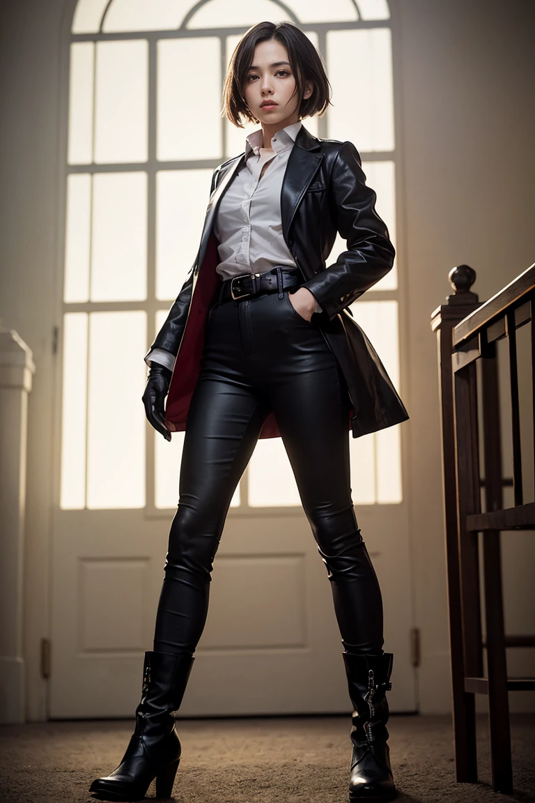 (full body:1.2),(photo realist: 1.2), (hiper realist: 1.2), (realist: 1.2), (smoother lighting: 1.2), (Improve the quality of movie lighting: 1.2), (RAW photo:1.2), (better quality:1.2), (beauty:1.2), (masterpiece:1.2), (Physically based rendering:1.2), (ultra high resolution:1.2), (best quality:1.2),(short blonde hair:1.2), (leather vest:1.2), (white shirt:1.2), (black necktie:1.2), (black leather pants:1.2), (ankle boots:1.2),(fingerless gloves:1.2), (big breast:1.2)