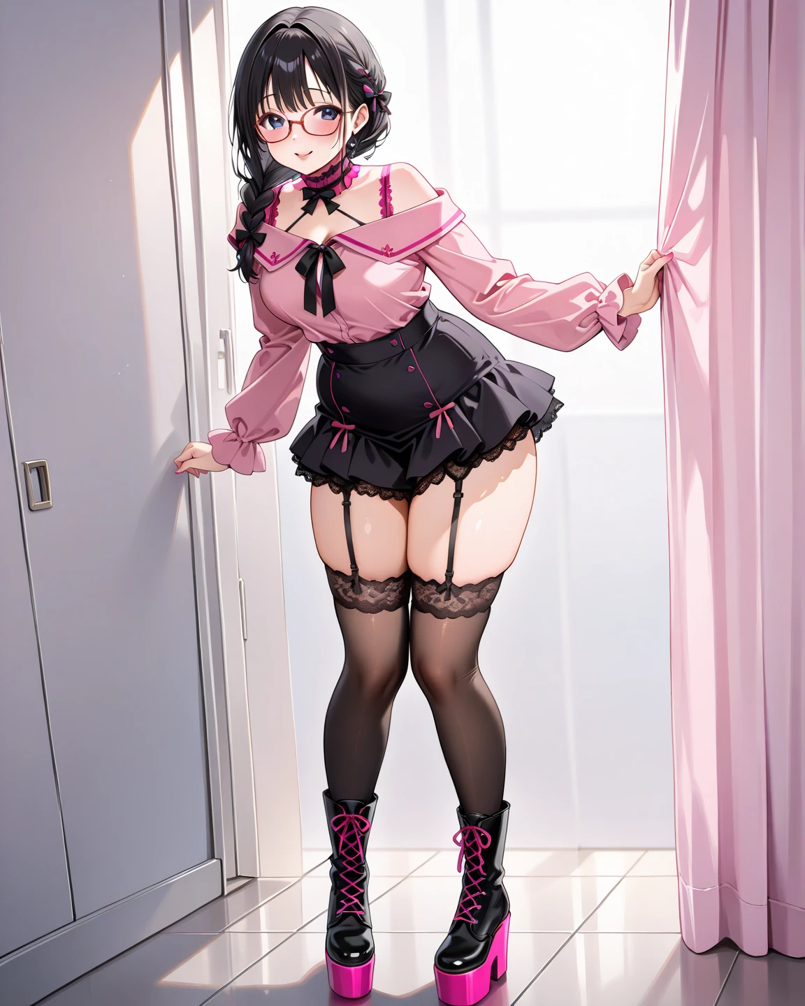 NSFW, Masterpiece, Best quality, Ultra high definition, Maximum resolution,, Very detailed, Professional lighting, clean skin, slender, Very cute, Young face, under eye mole, Slightly smaller breasts, 1girl, Blush, Bow, Breasts, Embarrassing, female focus, From below, Hair bow, ,naked , white short hair, glasses, red eyes ,bondage corset , stockings, femdom look, prison cell, no panties , perfect looking vagina , big clitoris , fat mons, pubic hair, womb tatto
