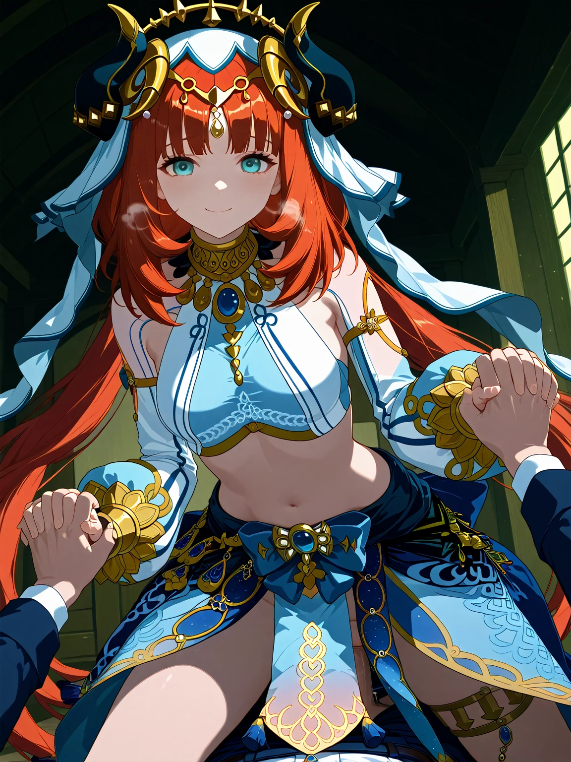 high quality,4K Resolution,Very detailed,realistic,professional,high dynamic range,Extreme Details,Private house,Babyface,cowgirl sex,aanilou, long hair, red hair, low twintails, horns, white veil, aqua eyes, medium breasts, harem outfit, gold trim, jewelry, neck ring, brooch, crop top, long sleeves, detached sleeves, midriff, blue bow, blue skirt, thighlet,anime screenshot,solo,1girl,looking at viewer,smile,Reproduction of joints,faithfully reproduce clothes,E cup,lover holding hands,climax,Open your eyes,Red face,Flushing Cheeks,Shy,HARD BREATHING,Erotic,Panting,uncensored