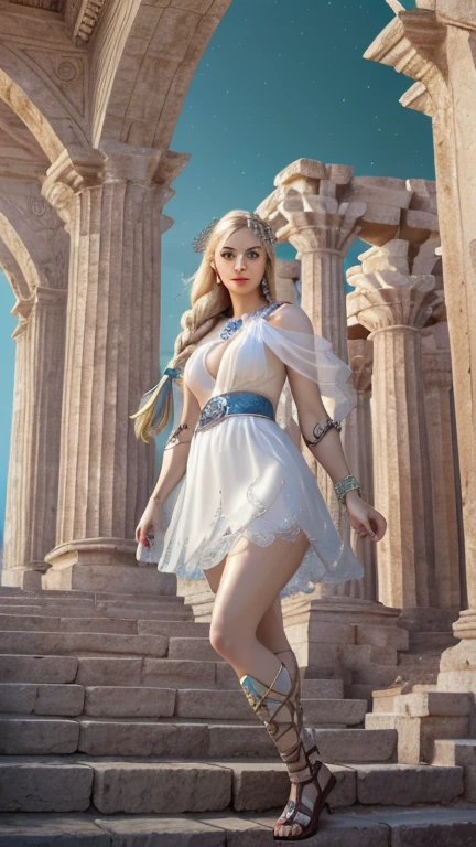 A majestic scene of an ancient Greek warrior woman standing confidently amidst the ruins of a classical temple by the sea. She has long, braided blonde hair and wears a flowing white thin dress with a high slit, accented with golden armor pieces on her shoulders, forearms, and a wide belt cinching her waist. Her outfit is completed with a blue cape flowing in the wind. The background features rugged coastal cliffs and a clear blue sky with fluffy clouds. The setting sun casts a warm, golden light over the scene, highlighting the intricate details of the ruins and the warrior's attire, medium body shot.