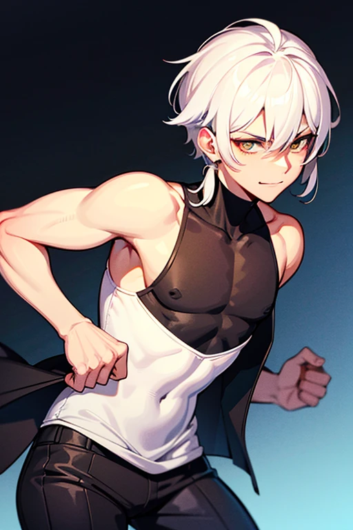 male、White Hair、Short Hair、Red Eye、Cold-blooded man、Handsome、Well-built、Cold Face、Well-formed face、Increased body temperature、Sweat、Raise your arms and place them behind your head、Constraints、Show your armpits、Itchy、ticklish、The body is obedient、Tickled、I'm nervous、Straight face、Serious face、Uninterested face、Red stained ears、sigh、fatigue、Armpits are not red、A plain face、Sweat