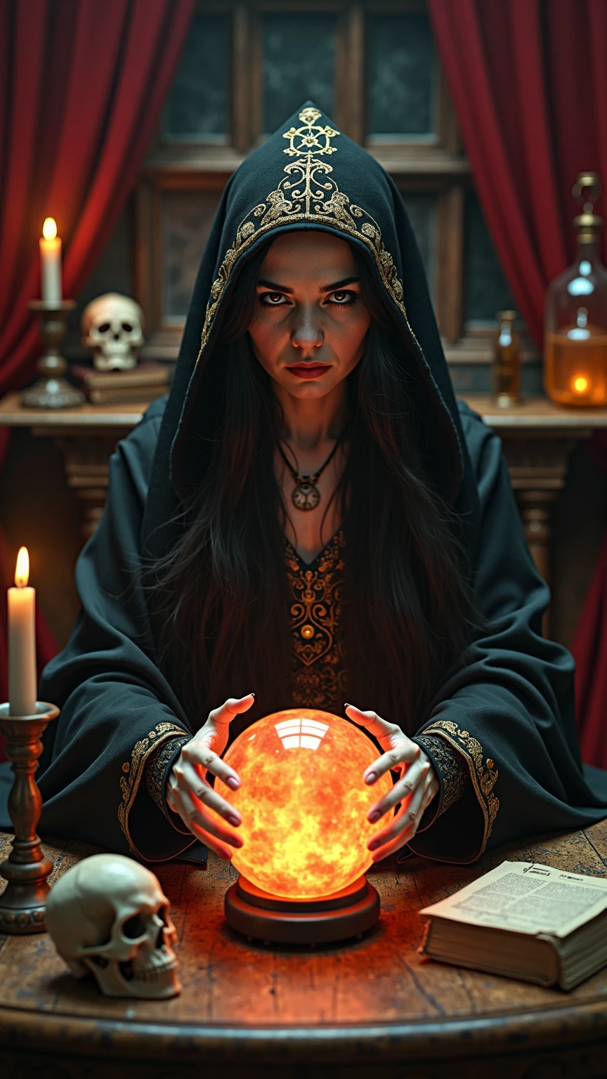 Beautiful Arab Woman Sees Man's Future With Crystal Ball. She wears a brown hood with an open chest , a faint orange light behind her, a human skull near her, a skull above the desk, an open book, an hourglass and an old map of Morocco above the desk.