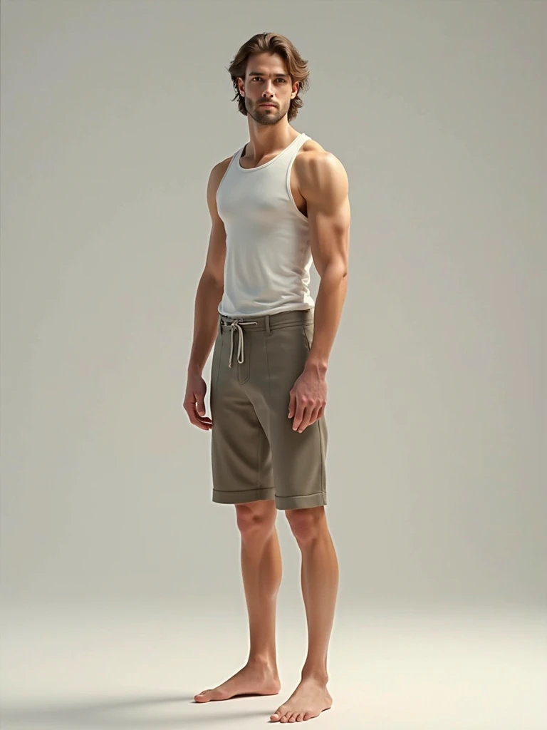 A 20-year-old young man with athletic muscular build, white skin, and defined features, whitish blue hair, wearing white clothes with black lines