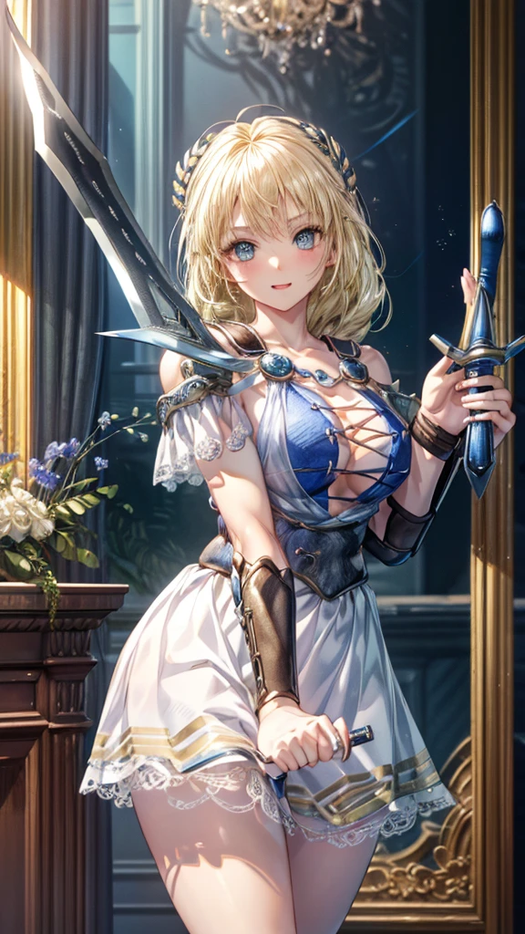 Very detailed、highest quality、Best image quality、masterpiece、8k、Anime Face、A kind smile、Open your mouth、Sparkling blue eyes、(Blonde:1.5)、(holding a two - handed sword:1.5)、Muscles of the whole body、Sophitia Alexandra