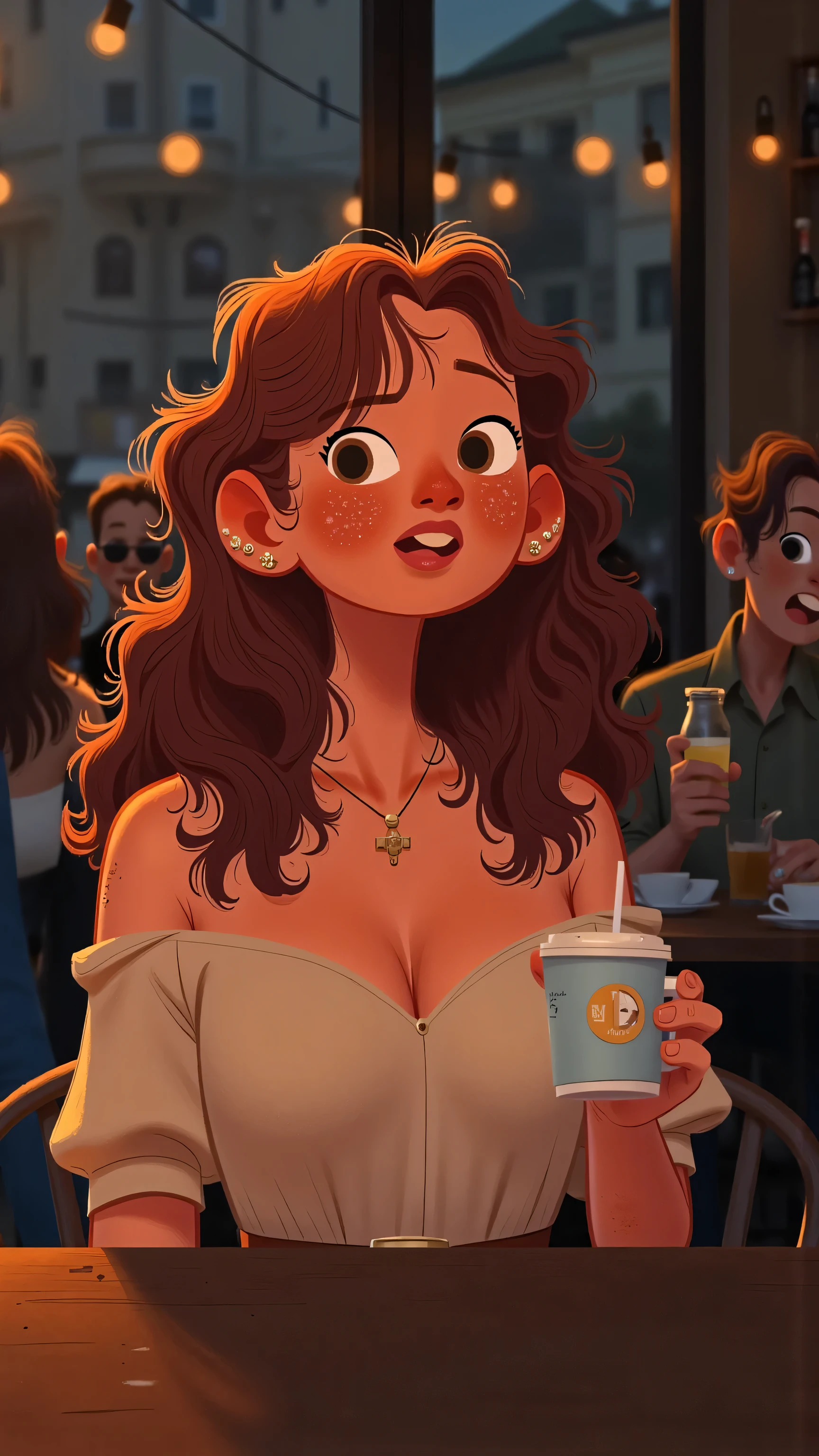 cafe scene montage; medium lens,Female protagonist(long brown hair)stiff face and sit still。she can only barely nod、with a stiff smile or silent staring。In front of you is a large square table。color scheme is dark and mixed with highlights,delicate lines,illustration storyboard style。— focus on comparison,Emotional tension,fast-paced clip。