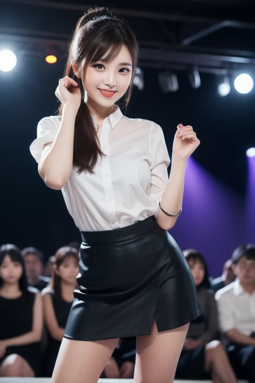 masterpiece, best quality, 1girl, (((announcer squatting))), (((showing her panties inside her skirt:1.2))), (smile), cowboy shot